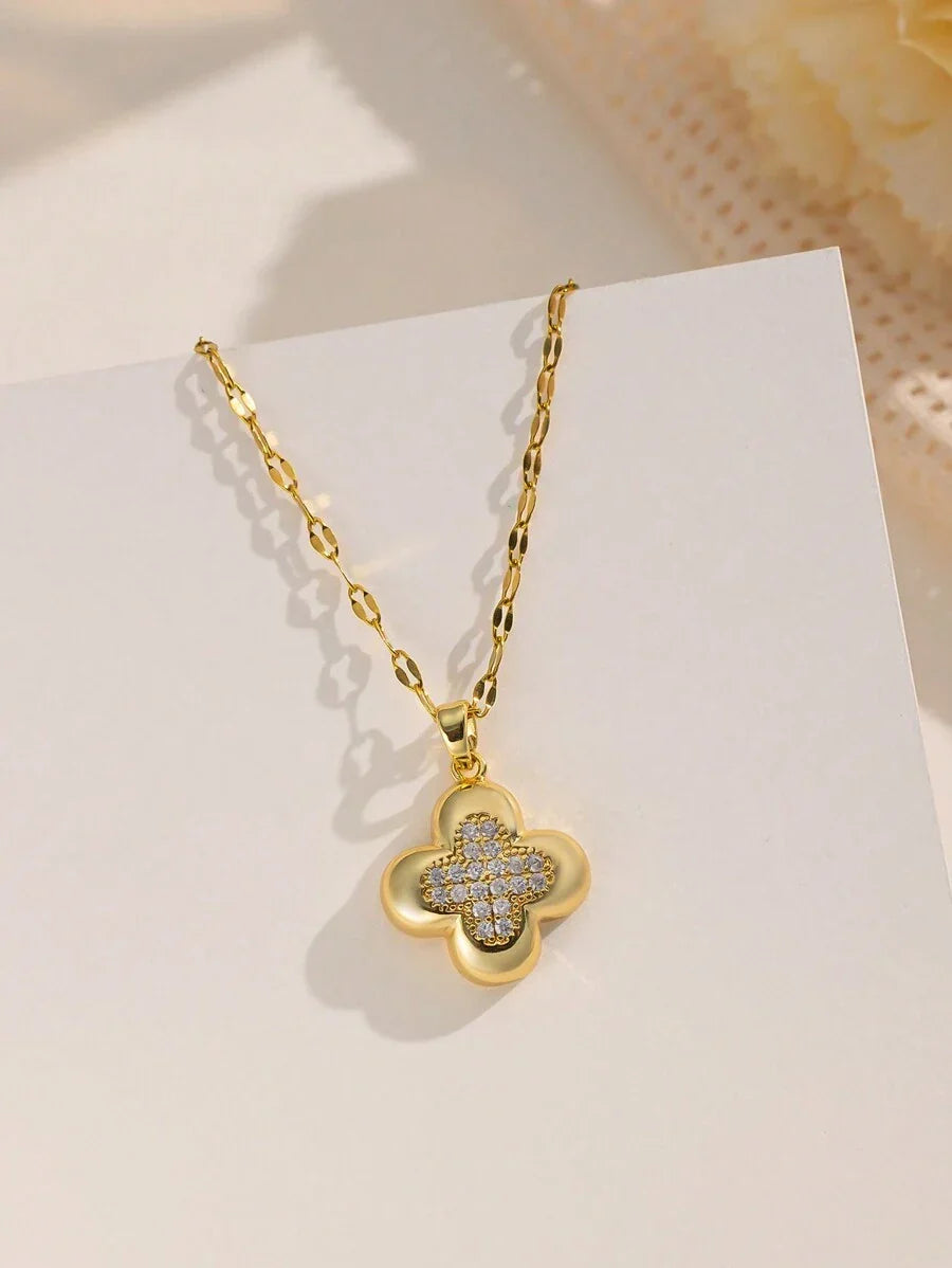 1pc Stainless Steel Gold-Plated Cubic Zirconia Cross Pendant Necklace