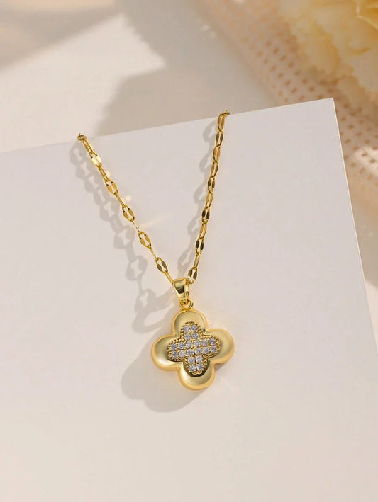 1pc Stainless Steel Gold-Plated Cubic Zirconia Cross Pendant Necklace