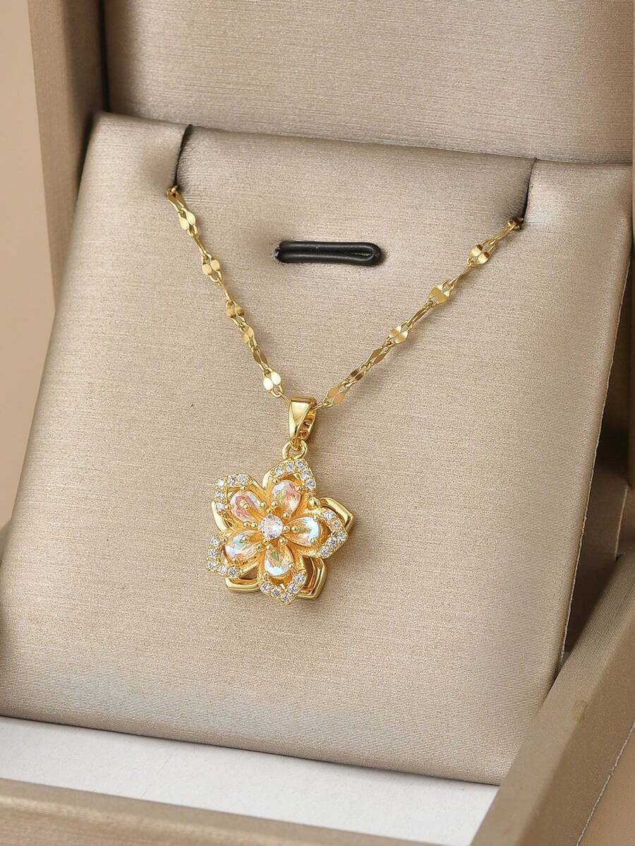 1pc Stainless Steel 5-Petal Rotating Flower Necklace