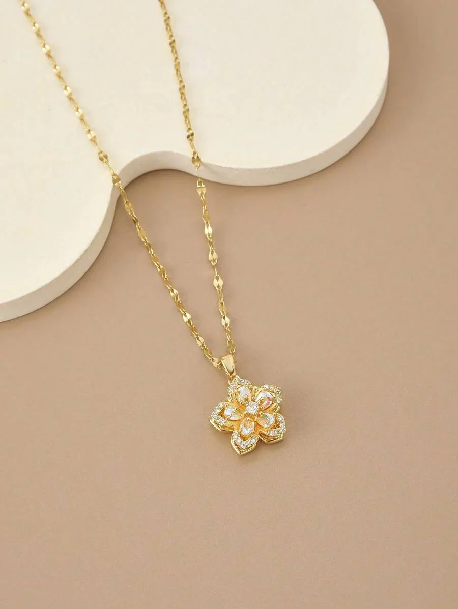1pc Stainless Steel 5-Petal Rotating Flower Necklace