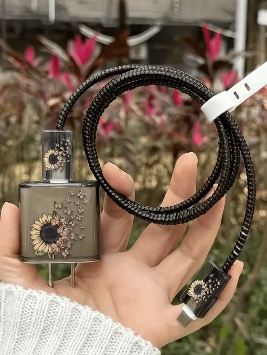 Printed Butterfly & Sunflower Design TPU Charging Cable Protector Case