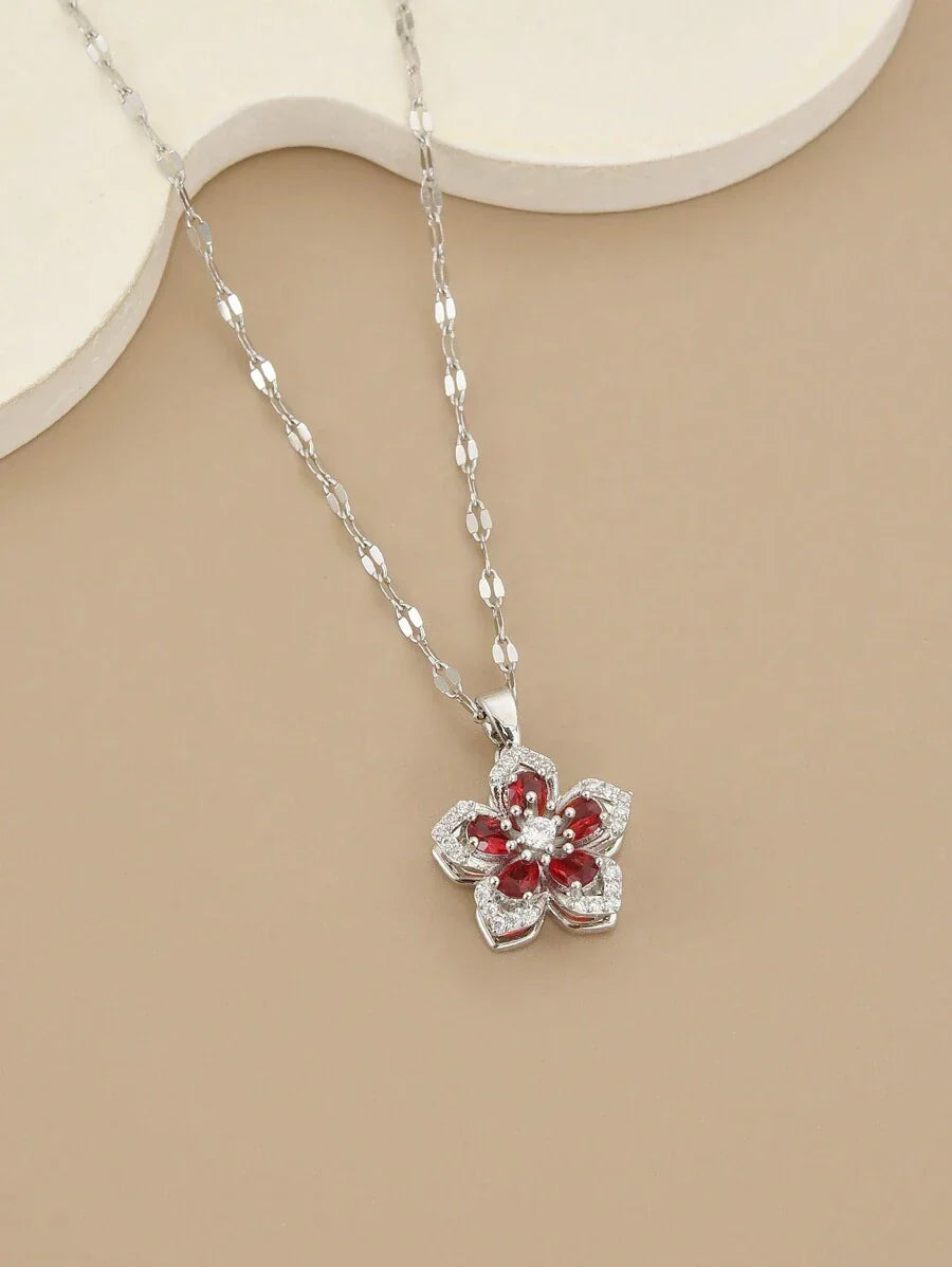 1pc Stainless Steel 5-Petal Rotating Flower Necklace