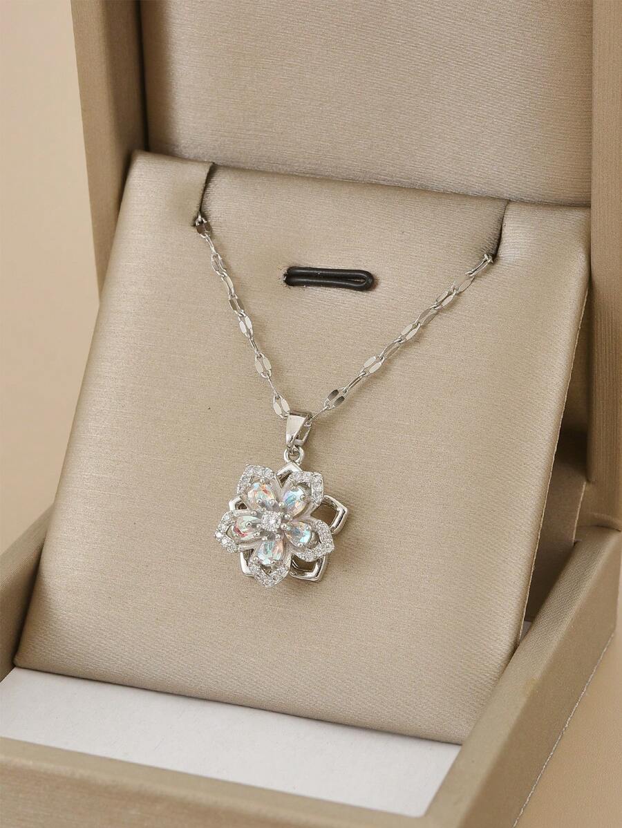 1pc Stainless Steel 5-Petal Rotating Flower Necklace