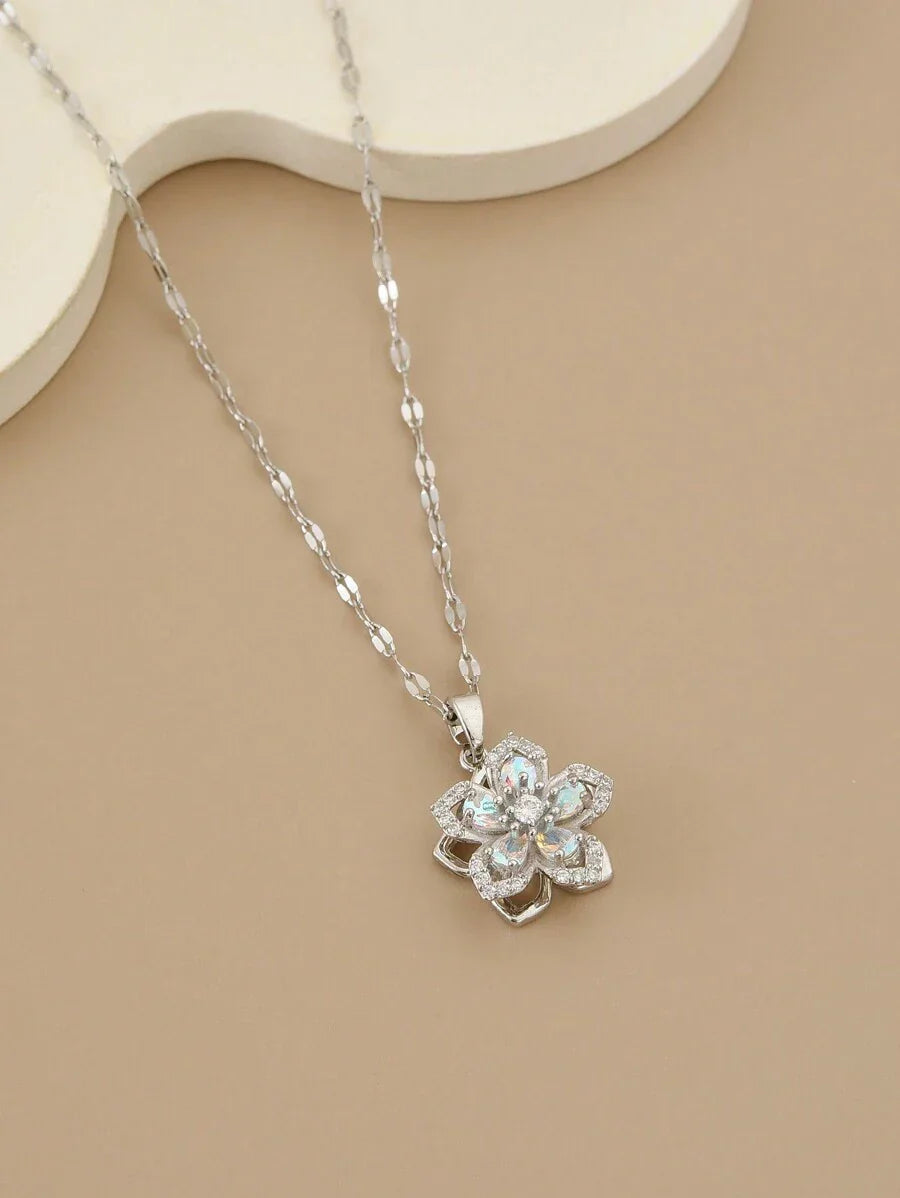 1pc Stainless Steel 5-Petal Rotating Flower Necklace