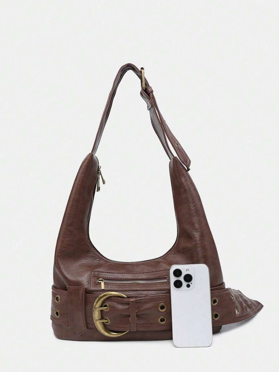 Multi-Strap Metal Decor Casual Distressed Faux Leather Shoulder Underarm Bag