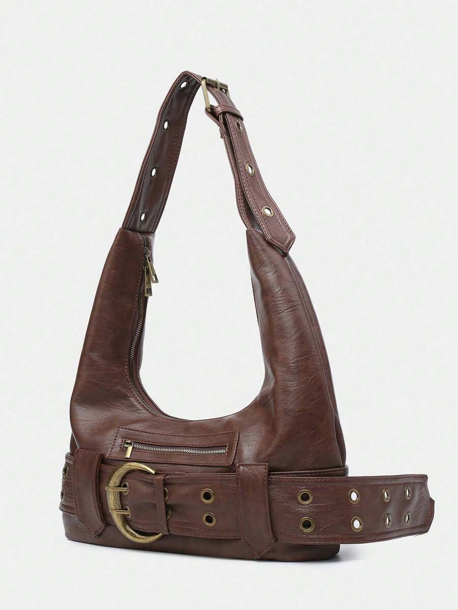 Multi-Strap Metal Decor Casual Distressed Faux Leather Shoulder Underarm Bag