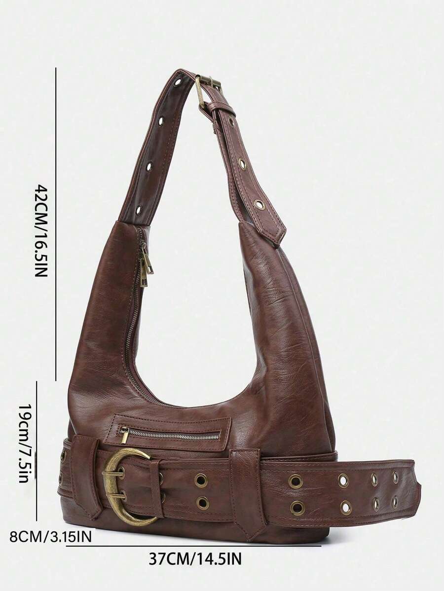 Multi-Strap Metal Decor Casual Distressed Faux Leather Shoulder Underarm Bag