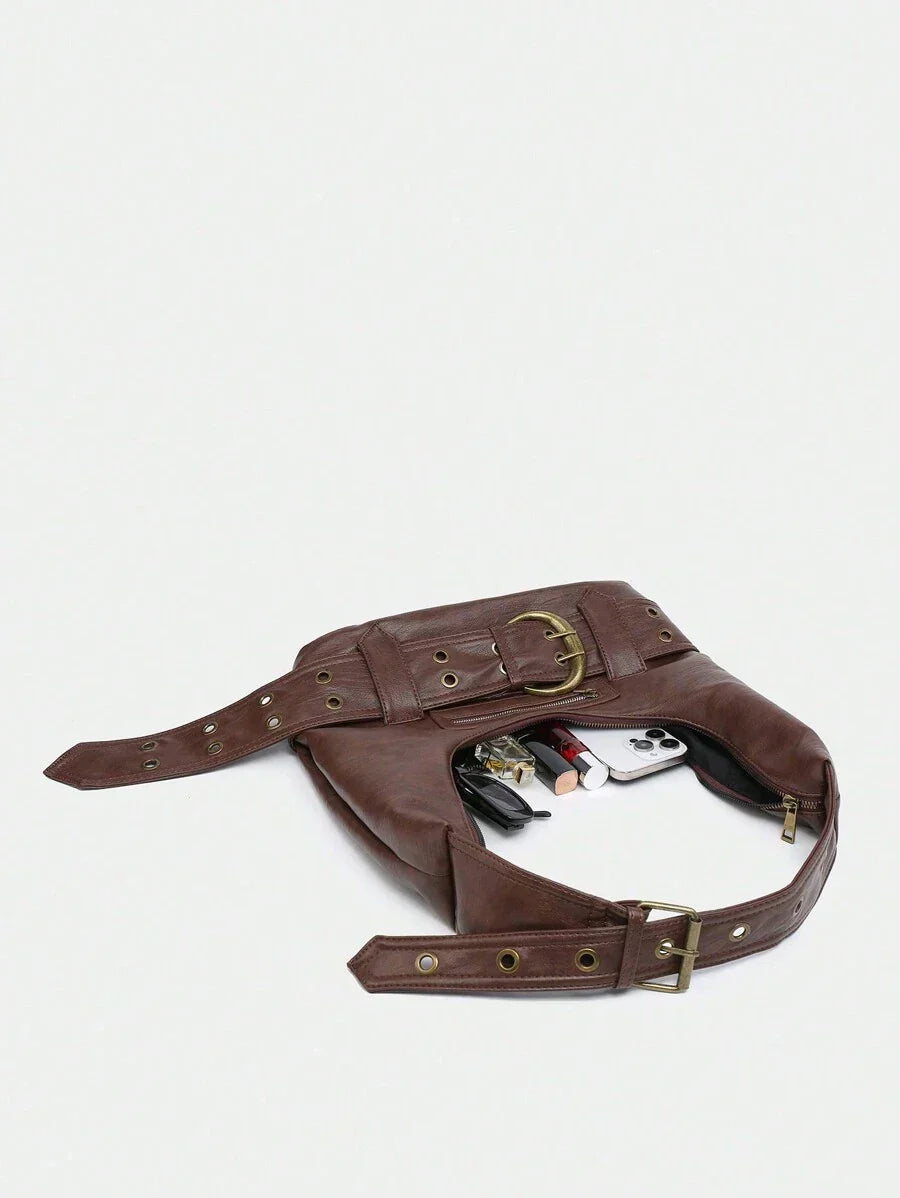 Multi-Strap Metal Decor Casual Distressed Faux Leather Shoulder Underarm Bag