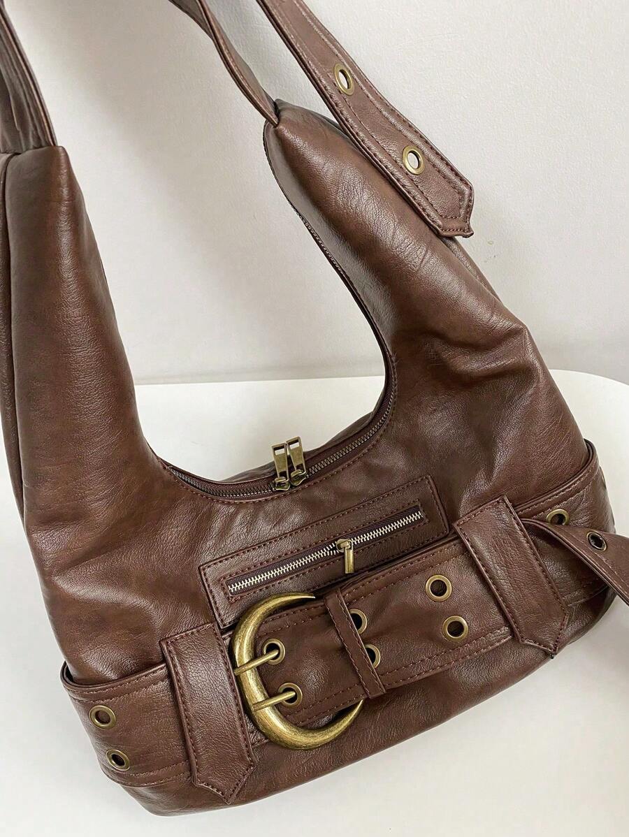 Multi-Strap Metal Decor Casual Distressed Faux Leather Shoulder Underarm Bag