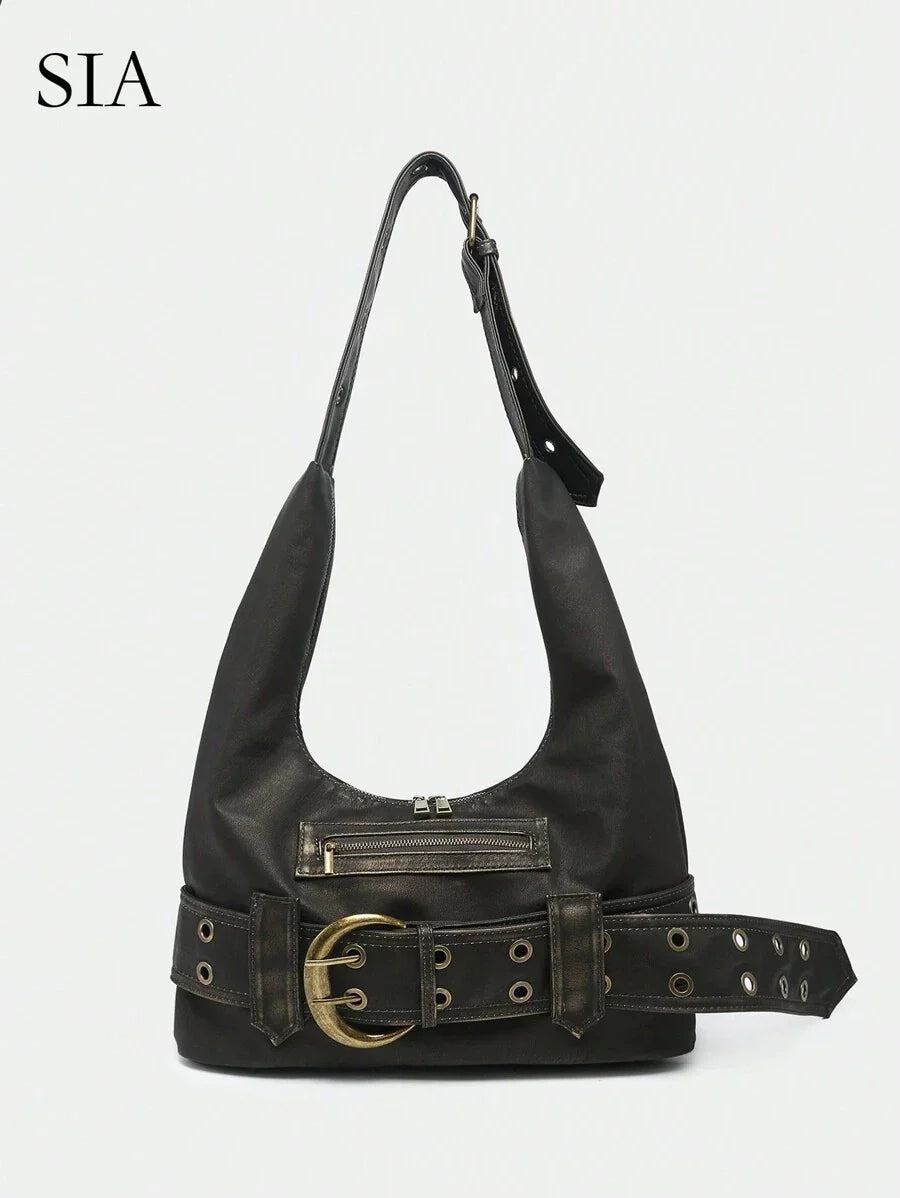 Multi-Strap Metal Decor Casual Distressed Faux Leather Shoulder Underarm Bag