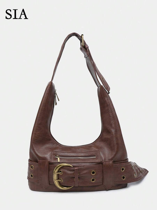 Multi-Strap Metal Decor Casual Distressed Faux Leather Shoulder Underarm Bag