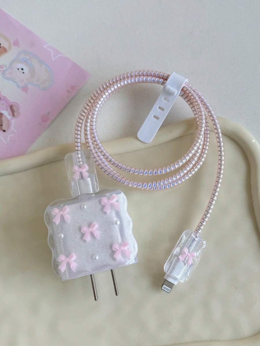 Purple Bow & White Pearl Design Charging Accessory Set