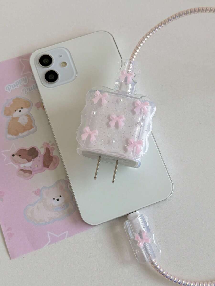Purple Bow & White Pearl Design Charging Accessory Set