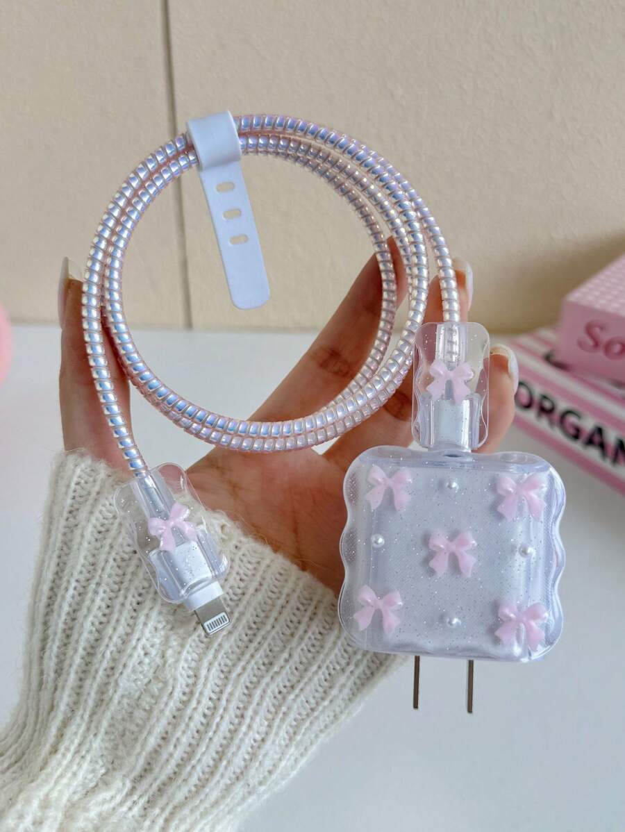 Purple Bow & White Pearl Design Charging Accessory Set