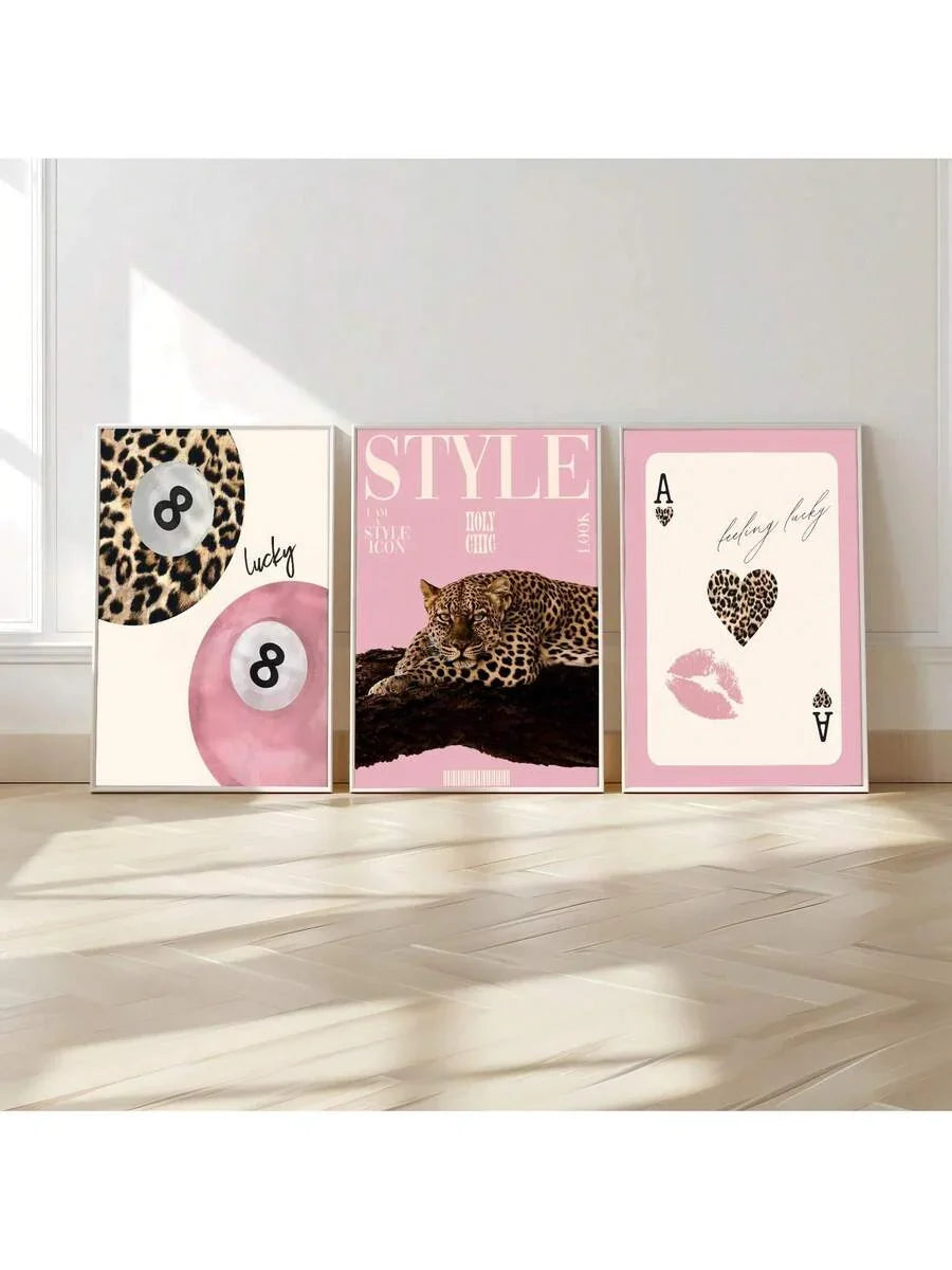 Leopard Cheetah Mural Decorative Canvas Painting Pink Fashion