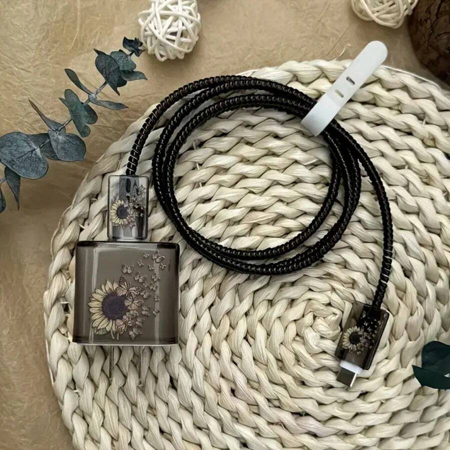 5pcs/Set Printed Butterfly & Sunflower Design TPU Charging Cable