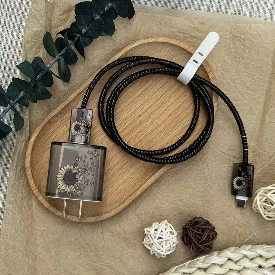 5pcs/Set Printed Butterfly & Sunflower Design TPU Charging Cable