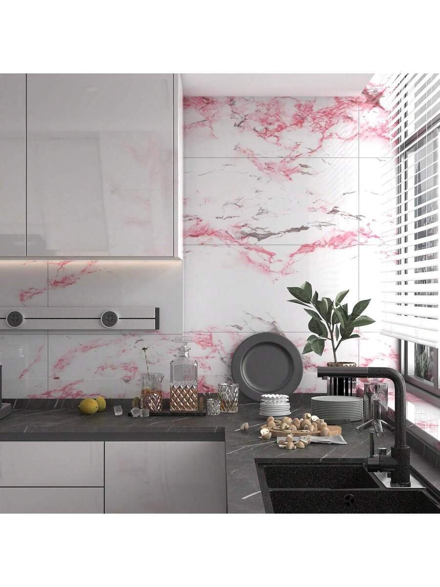 1 Roll Pink/White Glossy Marble Peel And Stick Wallpaper