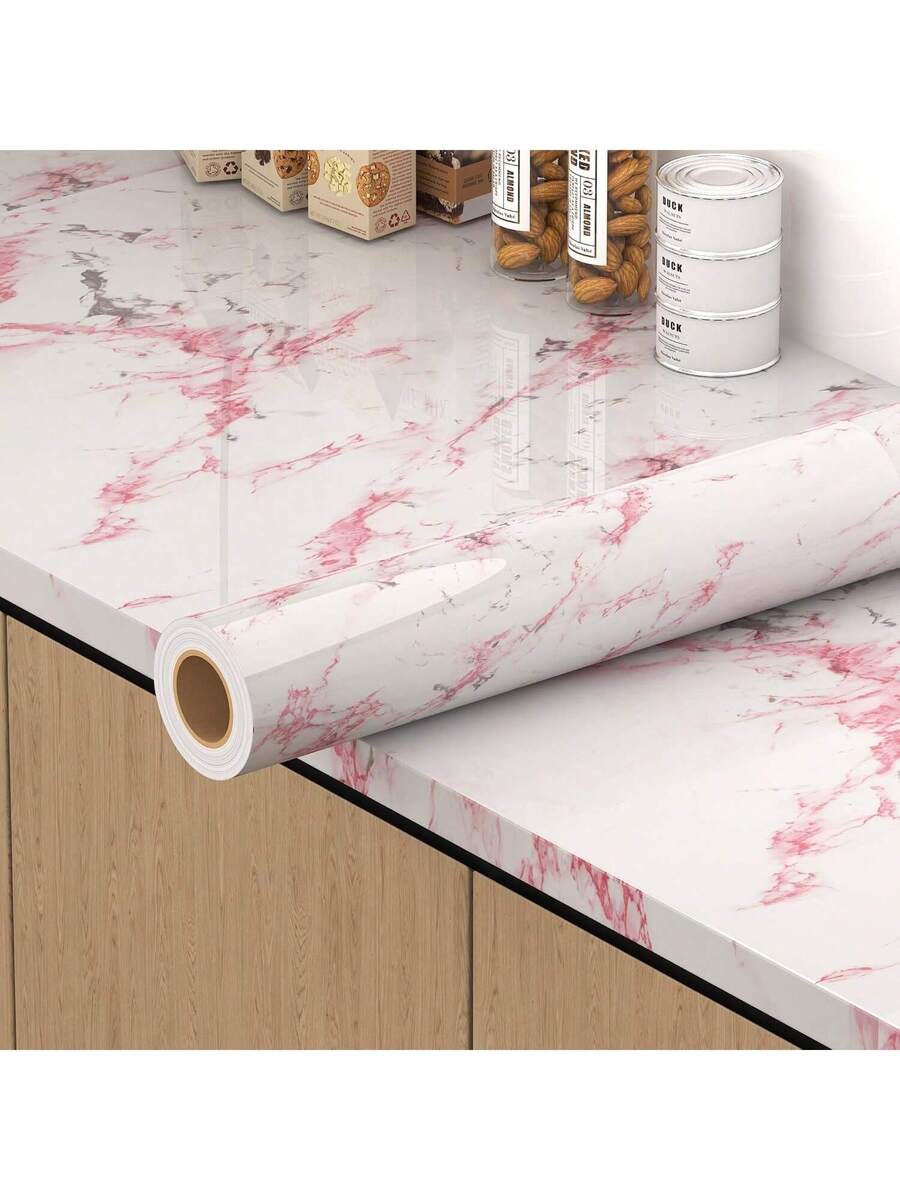 1 Roll Pink/White Glossy Marble Peel And Stick Wallpaper