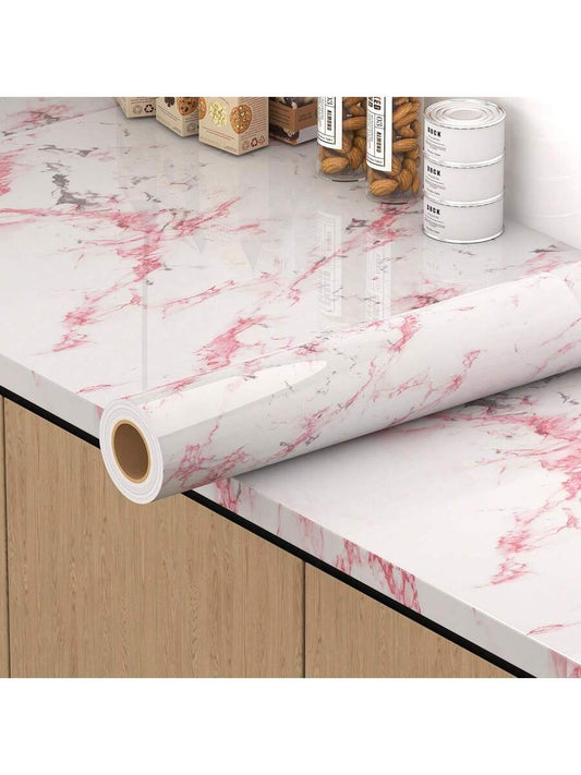 1 Roll Pink/White Glossy Marble Peel And Stick Wallpaper