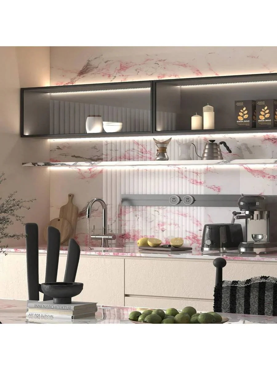 1 Roll Pink/White Glossy Marble Peel And Stick Wallpaper