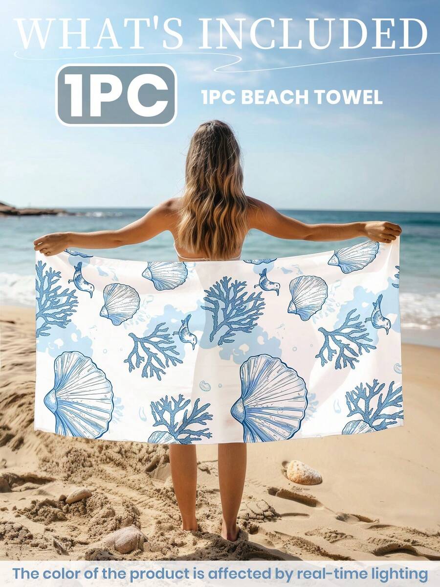 Blue Shell Print Beach Towel, Swimming Towel