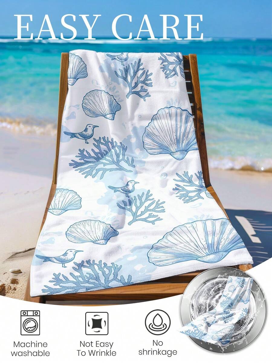 Blue Shell Print Beach Towel, Swimming Towel