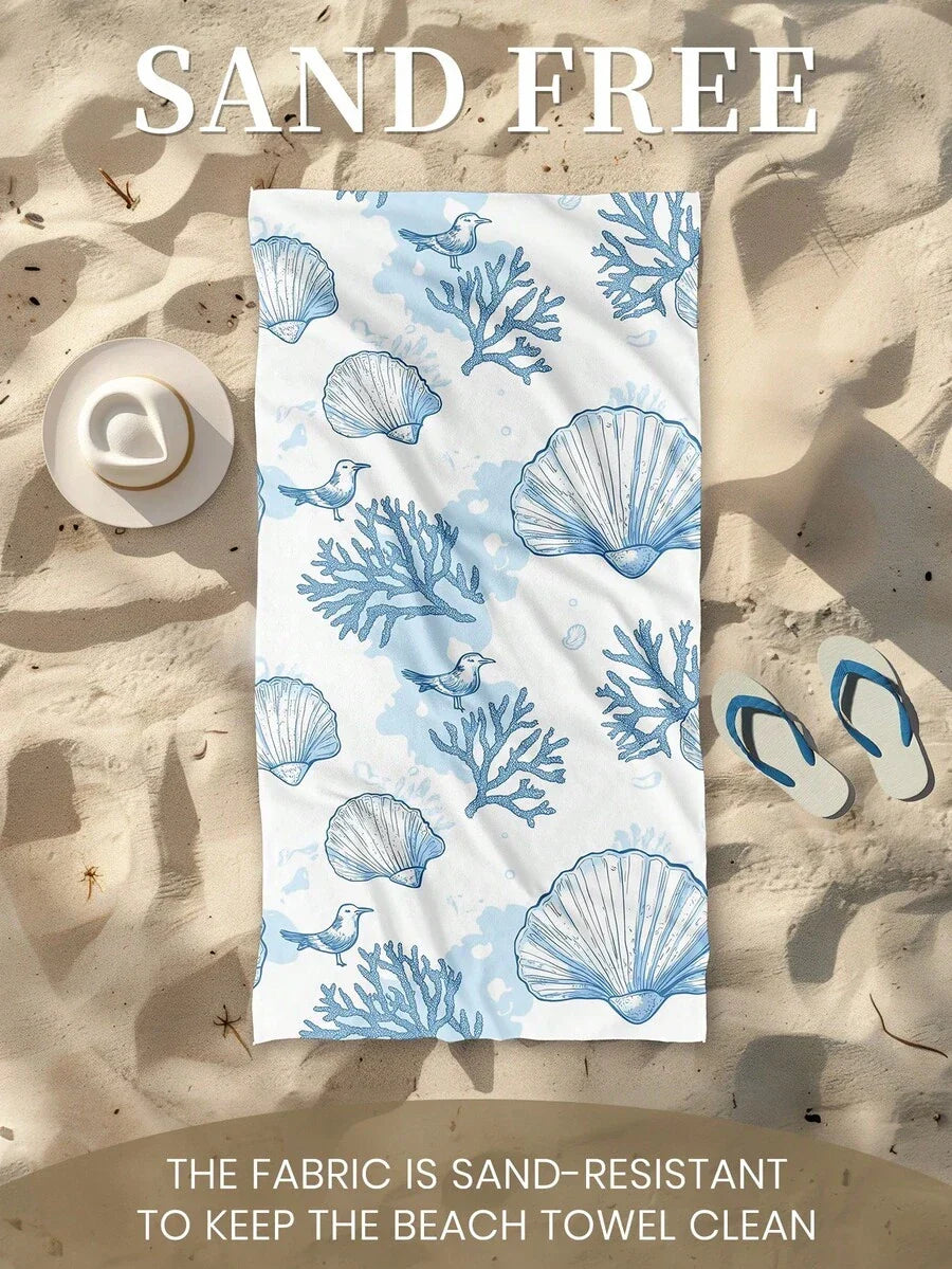 Blue Shell Print Beach Towel, Swimming Towel