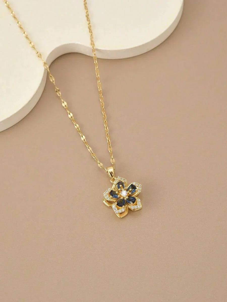 1pc Stainless Steel 5-Petal Rotating Flower Necklace