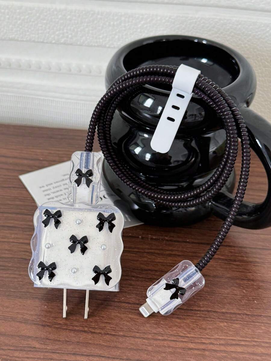 Purple Bow & White Pearl Design Charging Accessory Set