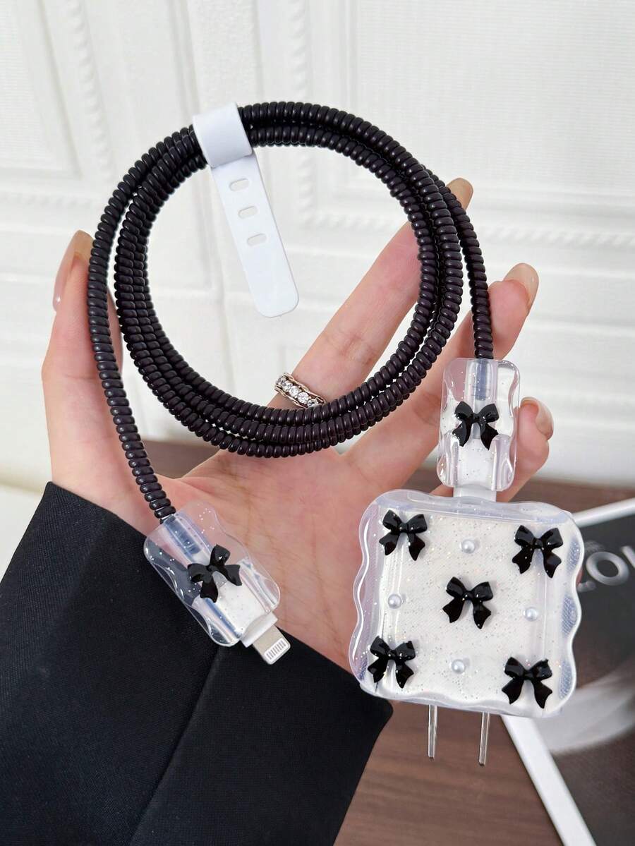 Purple Bow & White Pearl Design Charging Accessory Set