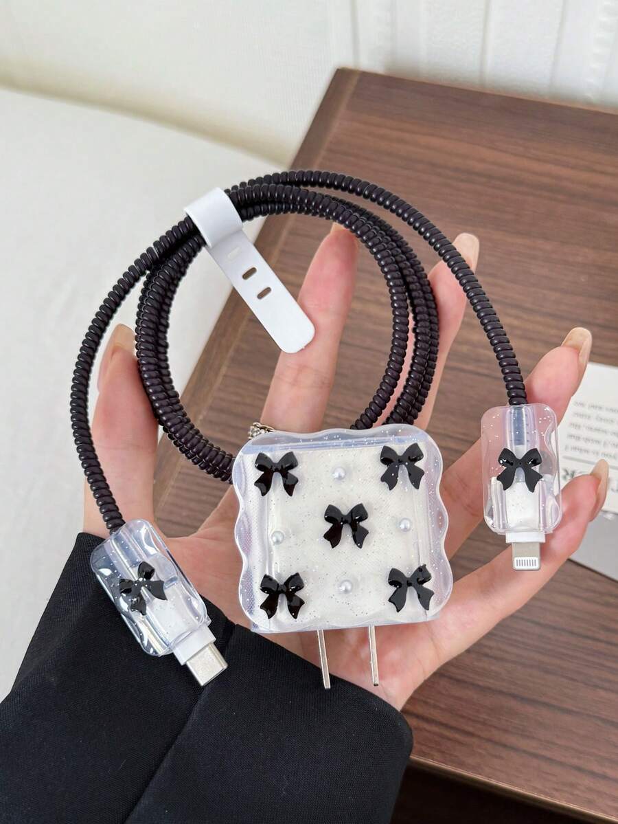 Purple Bow & White Pearl Design Charging Accessory Set