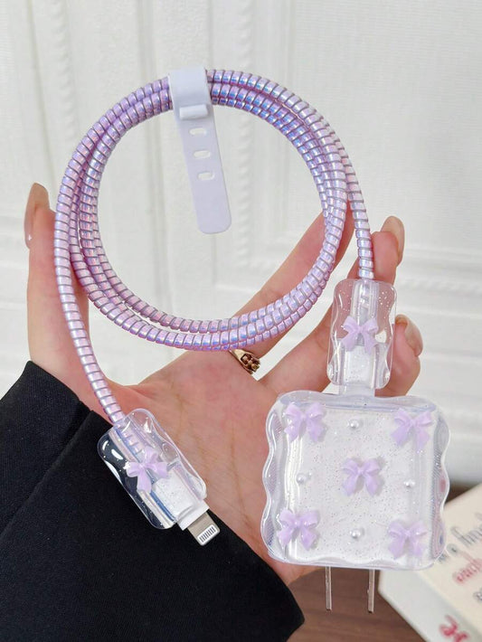 Purple Bow & White Pearl Design Charging Accessory Set