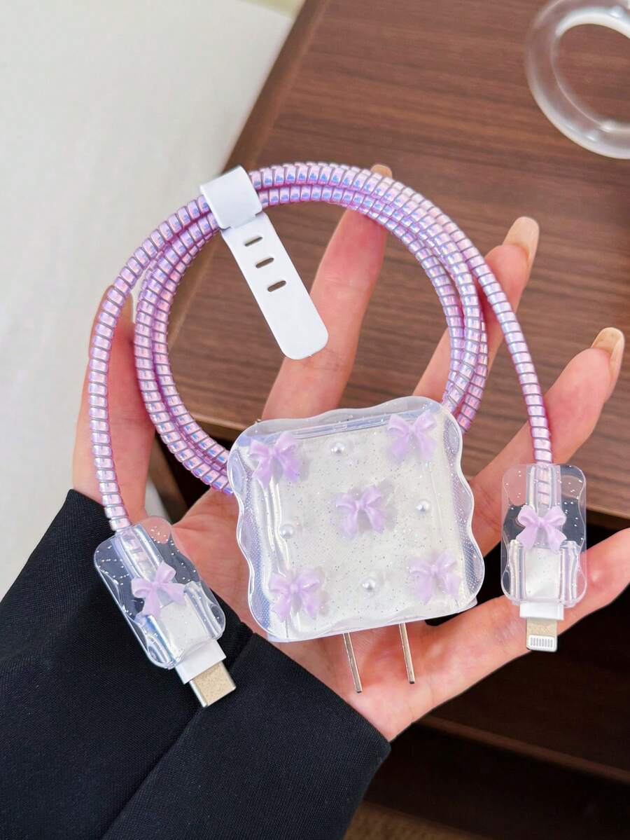 Purple Bow & White Pearl Design Charging Accessory Set