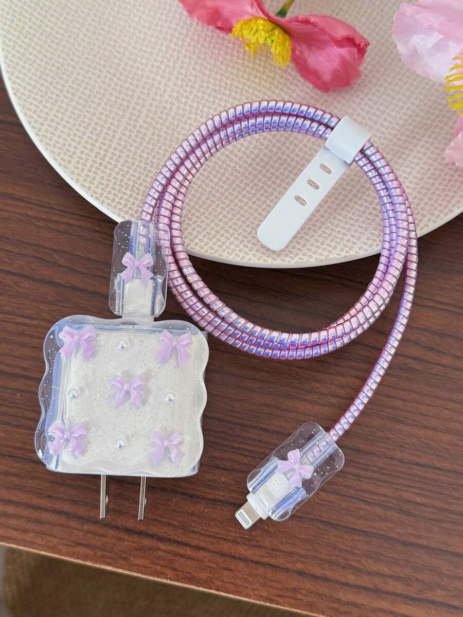 Purple Bow & White Pearl Design Charging Accessory Set