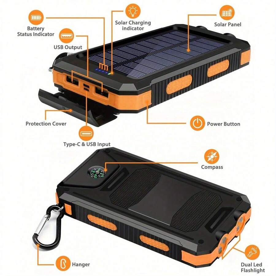 Solar Charger Power Bank Portable Charger With LED Flashlight