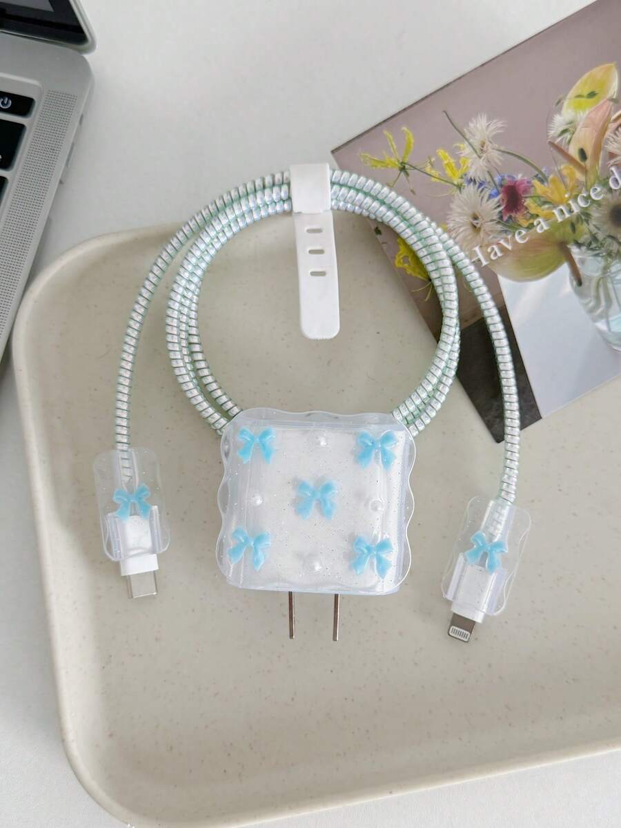 Purple Bow & White Pearl Design Charging Accessory Set
