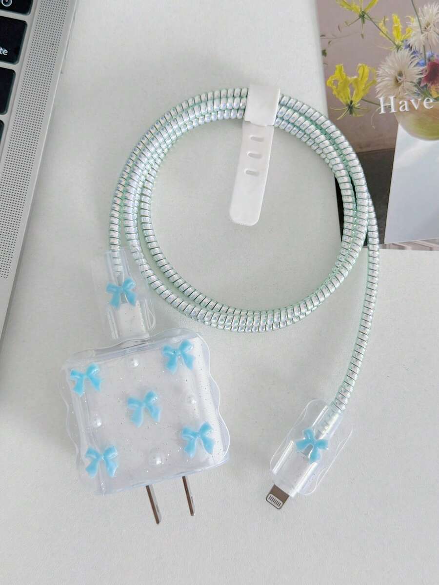 Purple Bow & White Pearl Design Charging Accessory Set