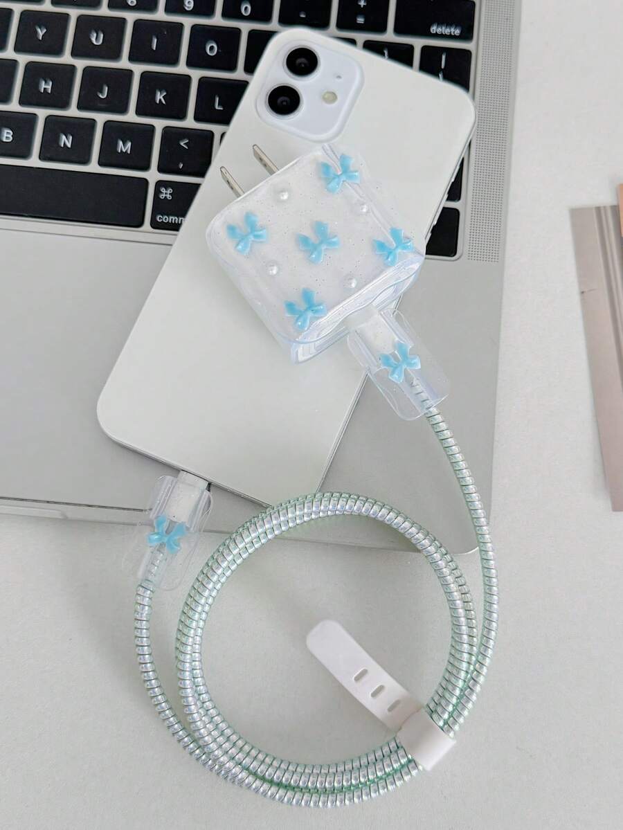 Purple Bow & White Pearl Design Charging Accessory Set