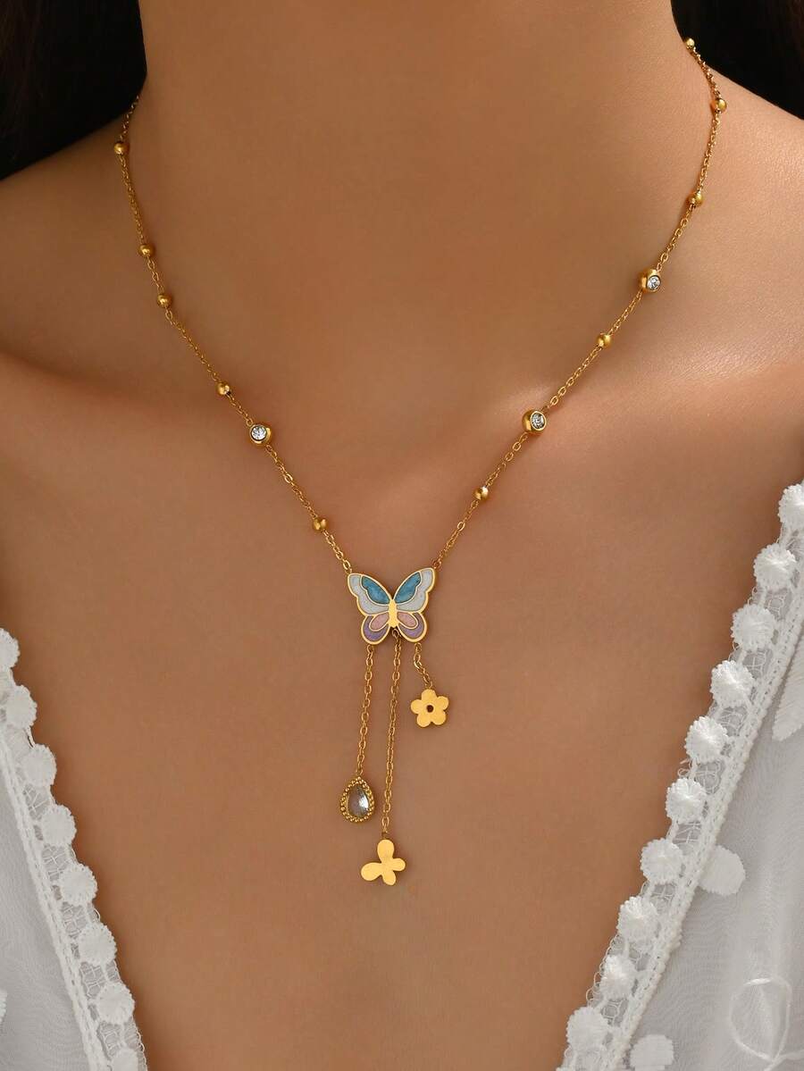 1pc Women's Stainless Steel Colorful Butterfly