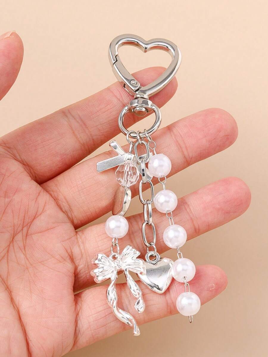 Unisex Faux Pearl Bow Keychain