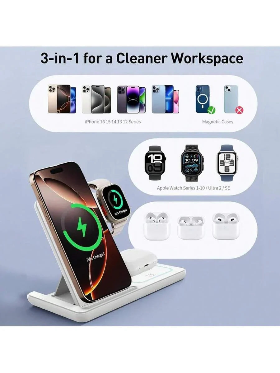 AmSengo 15W Foldable 3-In-1 Fast Wireless Charging Station