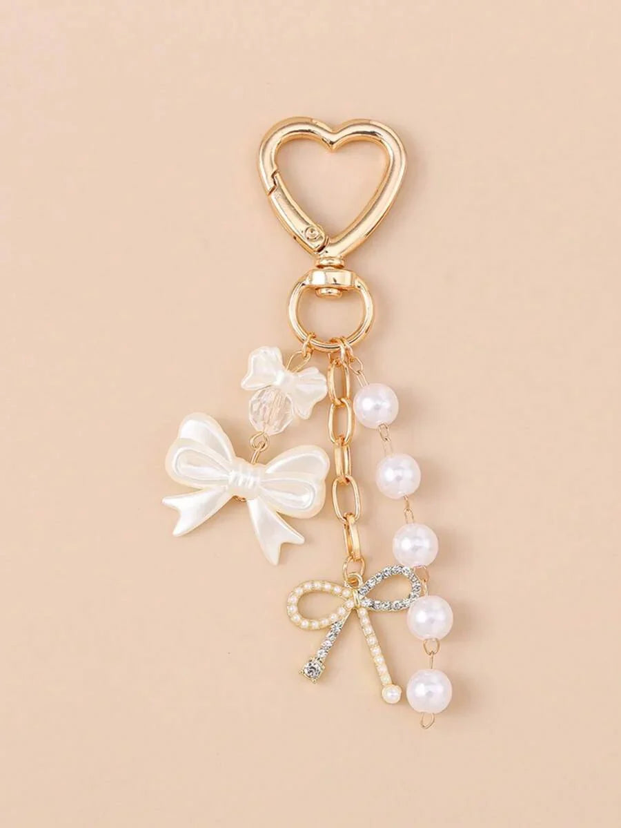 Unisex Faux Pearl Bow Keychain