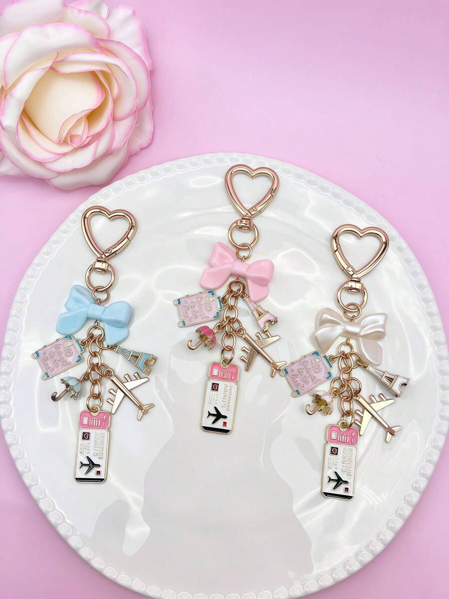 1pc Elegant Pink Bow Travel Keychain Pendant