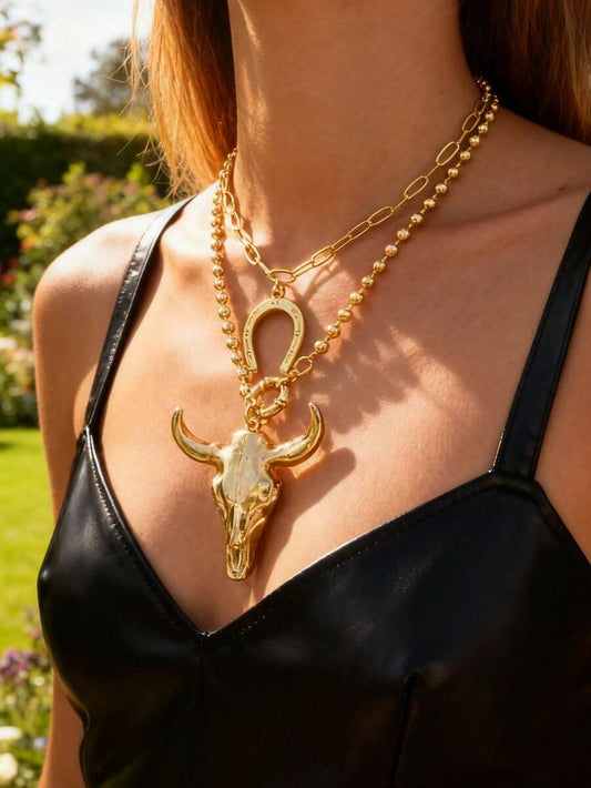 Unique Western Style Gold Copper Bead Horse Hoof Alloy Skull Bull Head Necklace