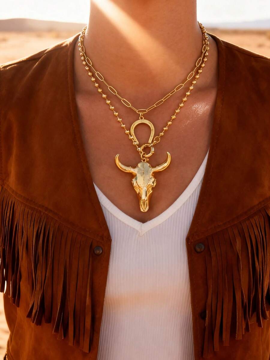 Unique Western Style Gold Copper Bead Horse Hoof Alloy Skull Bull Head Necklace