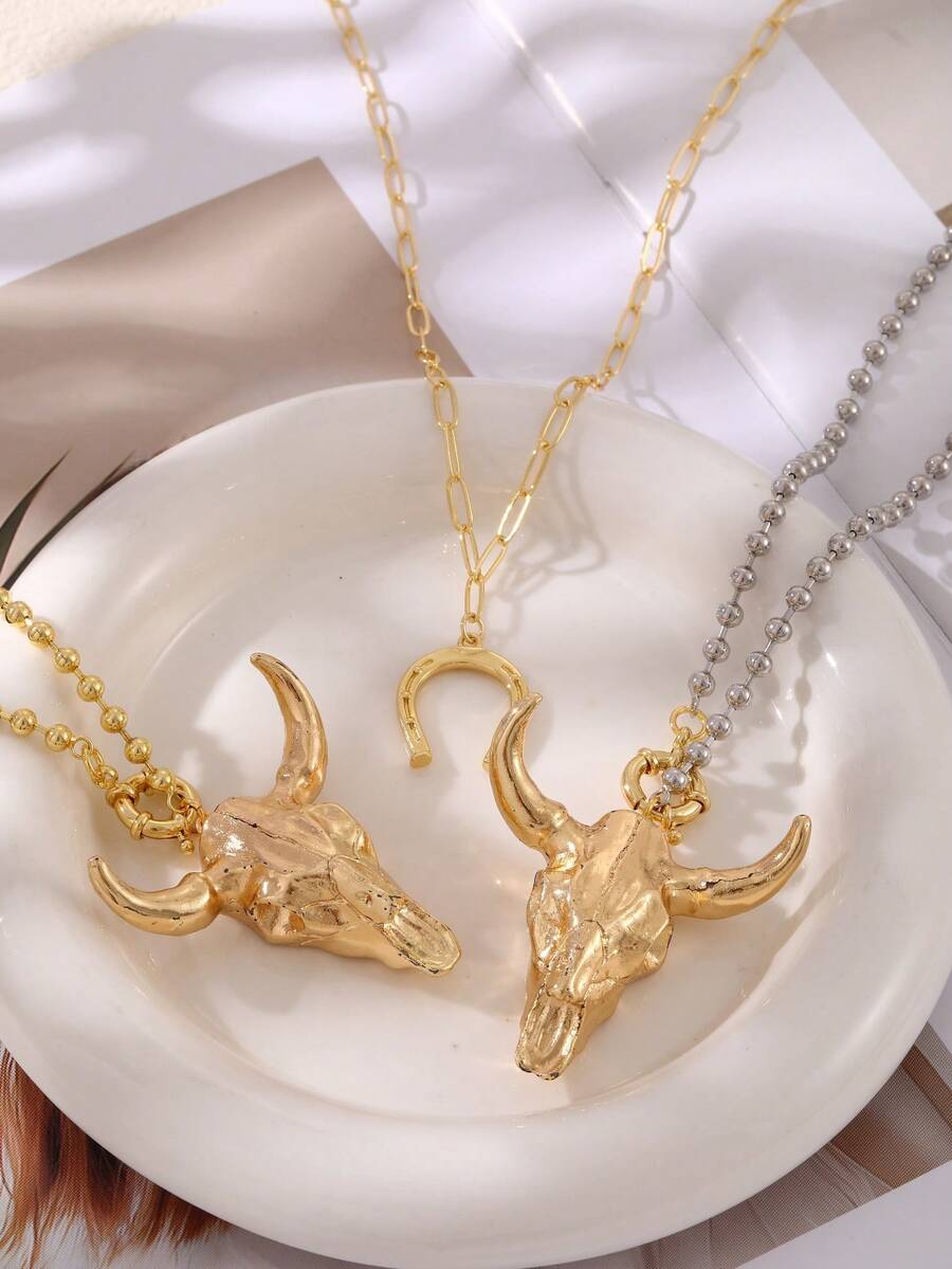 Unique Western Style Gold Copper Bead Horse Hoof Alloy Skull Bull Head Necklace