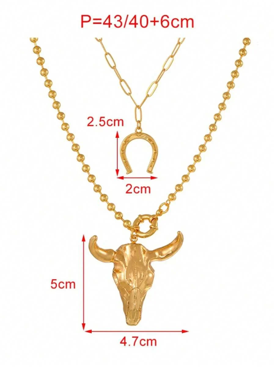Unique Western Style Gold Copper Bead Horse Hoof Alloy Skull Bull Head Necklace