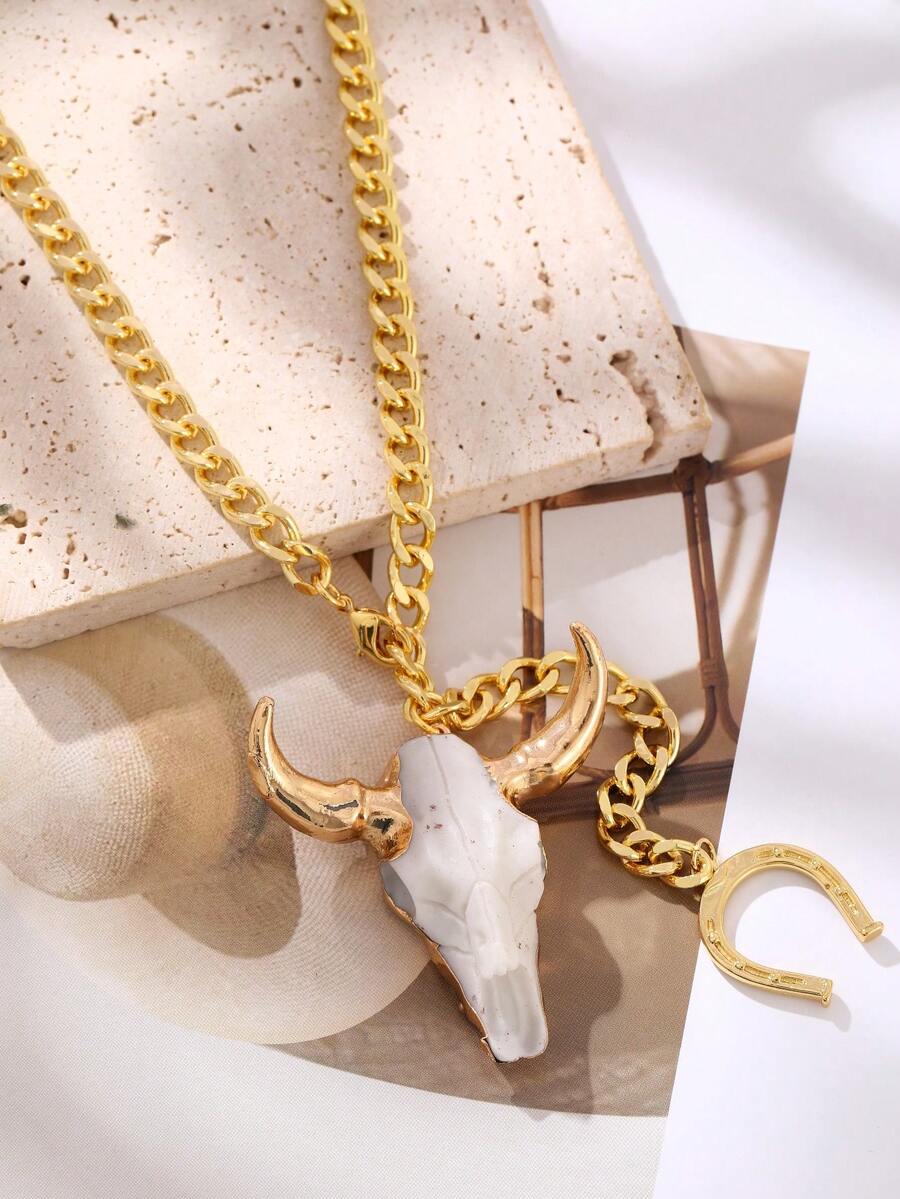 Unique Western Style Gold Copper Bead Horse Hoof Alloy Skull Bull Head Necklace