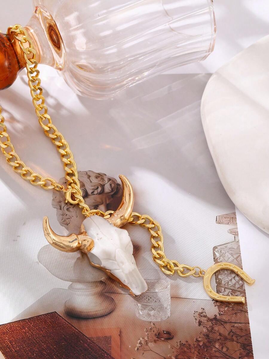 Unique Western Style Gold Copper Bead Horse Hoof Alloy Skull Bull Head Necklace